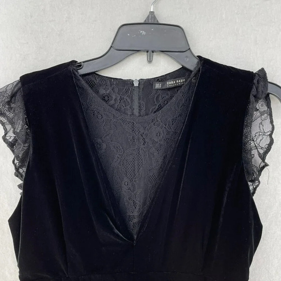 Zara Basic Collection Dress Womens M Black Velvet Lace Trim Zipper Fit & Flare - Picture 7 of 11